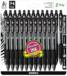 PENS, BALLPOINT, RETRACTABLE, ZEBRA Z-GRIP, MEDIUM POINT, 1.0MM, BLACK INK, 24/CT LARGE